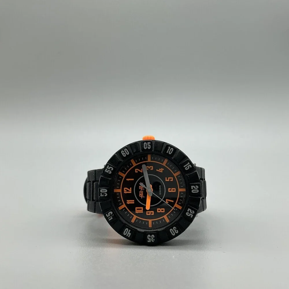 Flik Flak ID43 Boys Watch 34mm Black Orange Dial Rubber Swiss New Battery